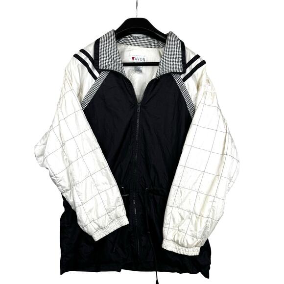 Vintage Lavon Nylon Windbreaker Jacket Womens XL Black White Houndstooth 90s - Picture 2 of 12
